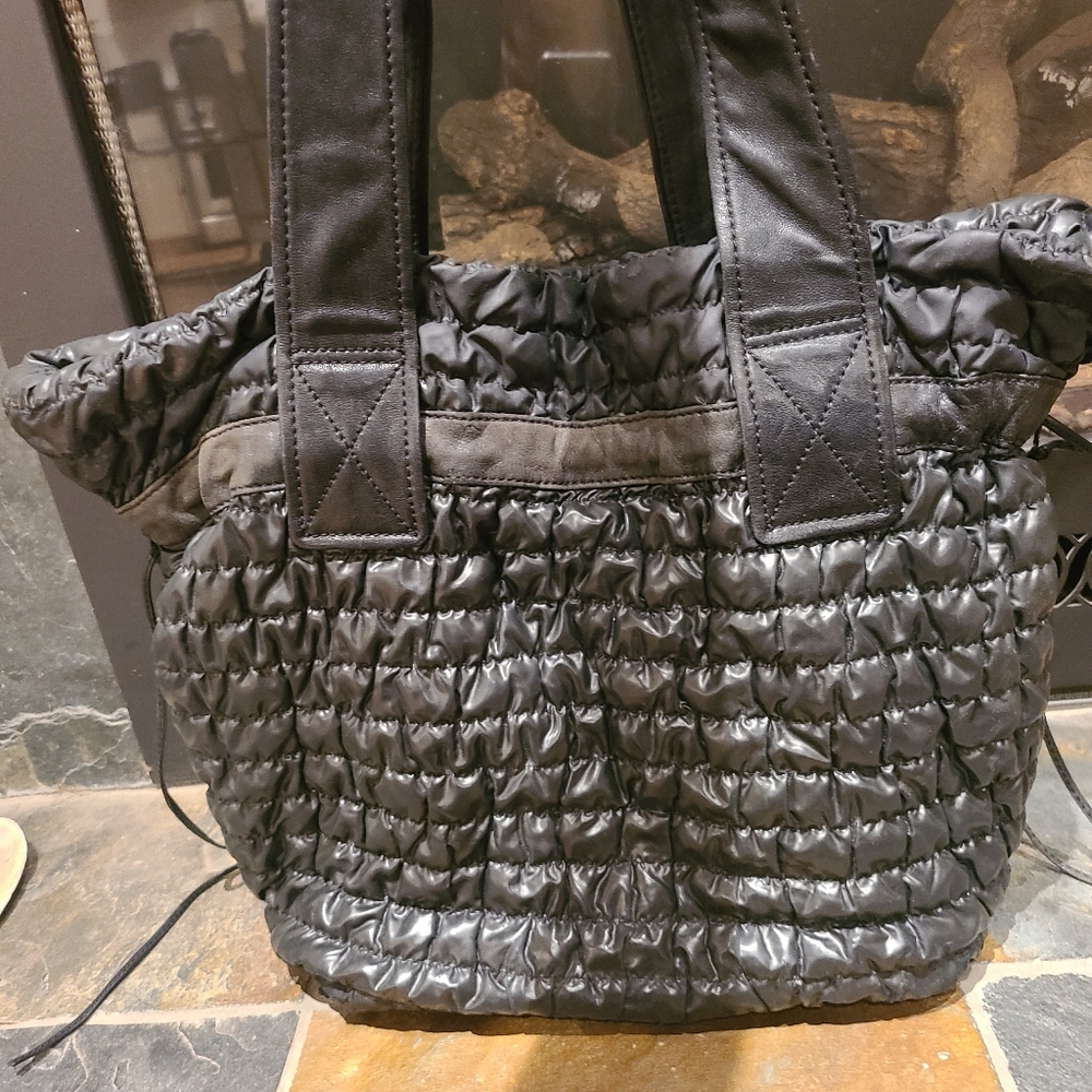 Kooba Luxury Black Puffed Leather Oversized Shoulder Bag Purse with drawstring